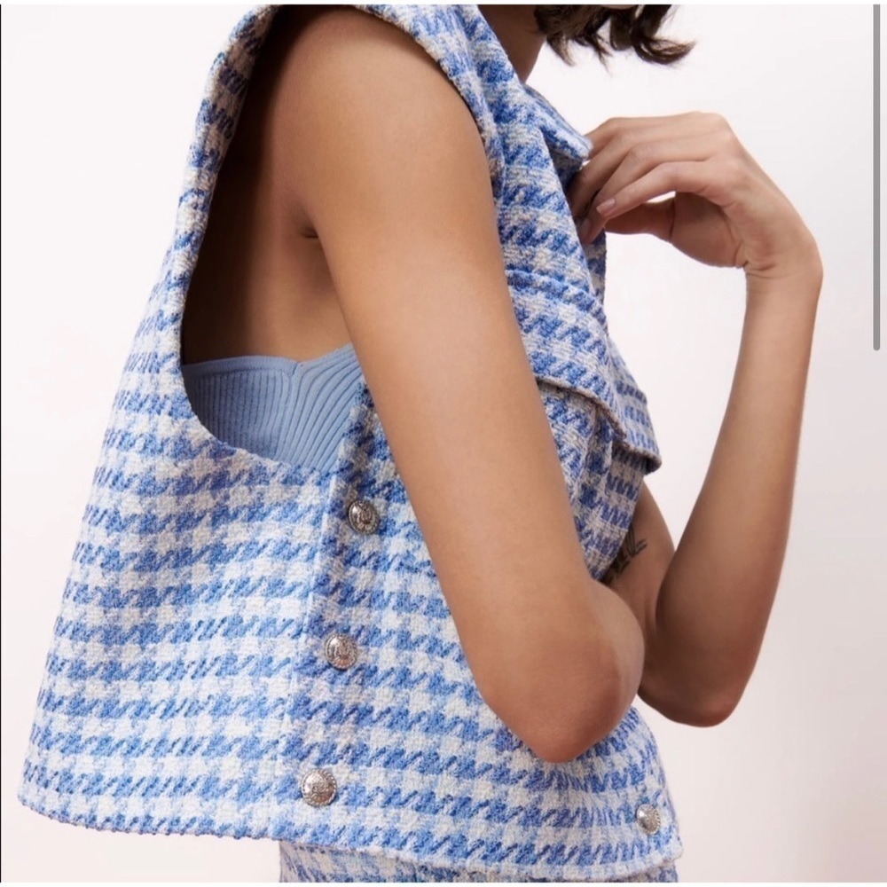 Zara Blue White Tweed Houndstooth Cropped Vest Jacket Size Large - Picture 2 of 10